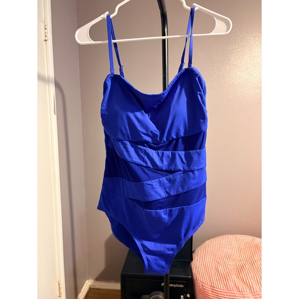 Holipick Blue One Piece Swimsuit Mesh Peek-a-boo Panels Tummy Control Sz L